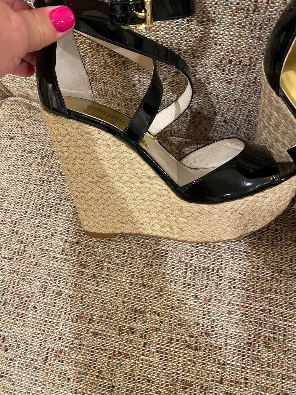 Michael Kors Black Patent Espadrille Platform Wedge Sandals